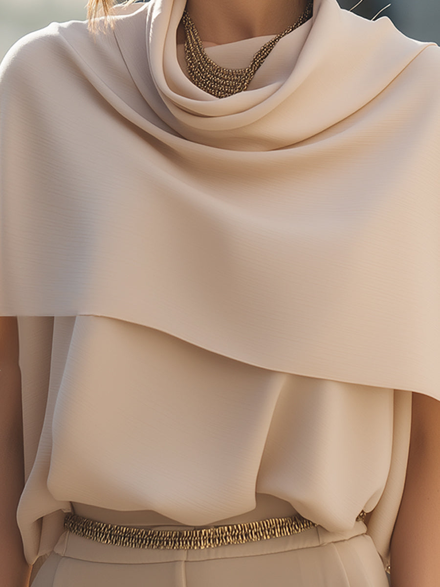 Elegant Cape-Style Cowl-Neck Blouse With Soft Draped Overlay