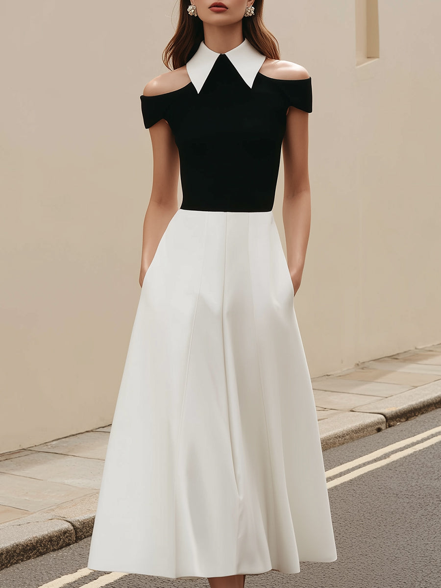 Ff-Shoulder Contrast Collar A-Line Midi Dress