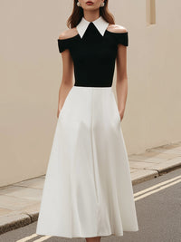 Ff-Shoulder Contrast Collar A-Line Midi Dress