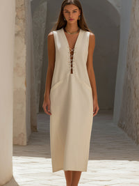 Lace-Up V-Neck Sleeveless Midi Dress