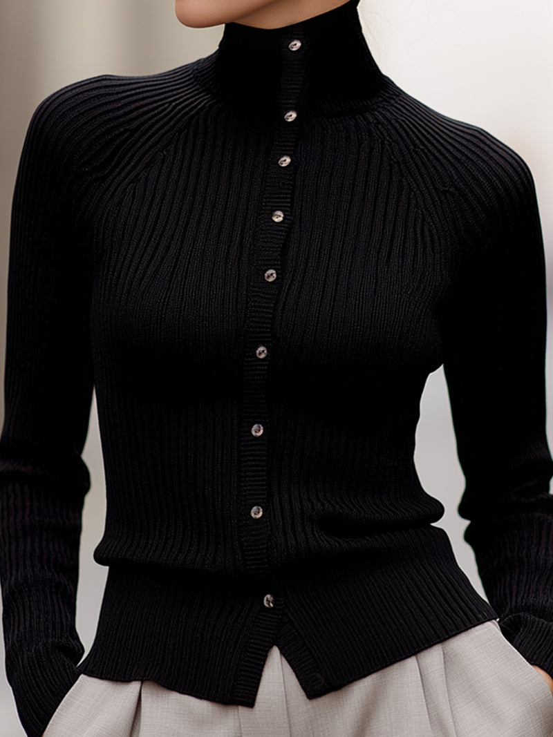 Black Ribbed Knit Button-Front Top