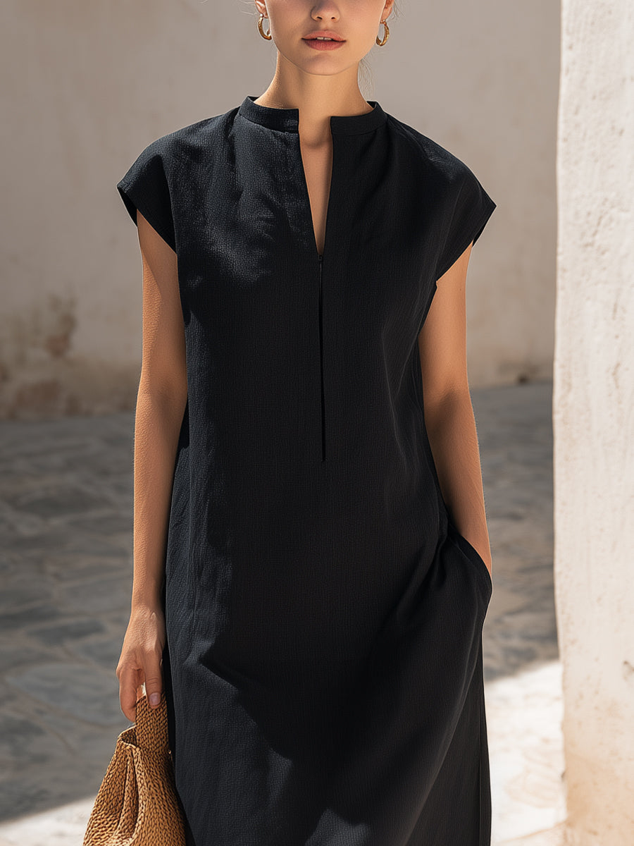 Minimalist Short Sleeve Split-Neck Midi Dress