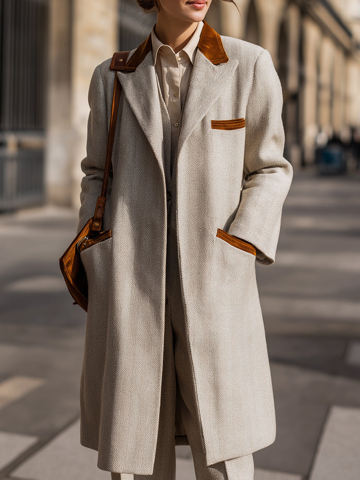 Trim Herringbone Wool Overcoat