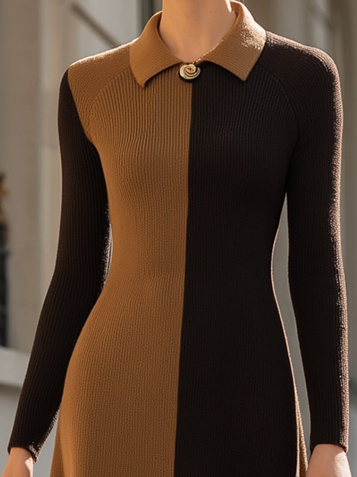 Two-Tone Knit Midi Dress With Collar Detail