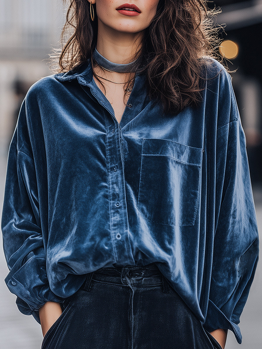Midnight Blue Velvet Button-Up Shirt