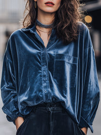 Midnight Blue Velvet Button-Up Shirt