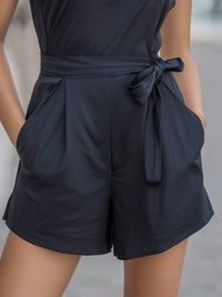 Sleeveless Tie-Waist Tailored Short Jumpsuit