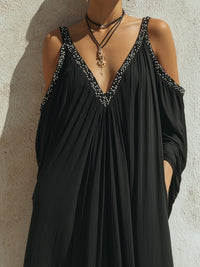Embellished Cold-Shoulder Flowing Maxi Dress