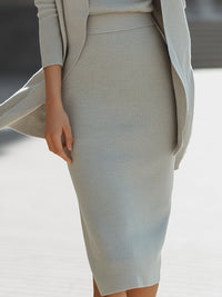 Light Grey Minimalist Ribbed Knit Three-Piece Skirt Set