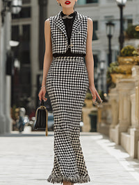 Houndstooth Sleeveless Tweed Vest & Fringed Skirt Set