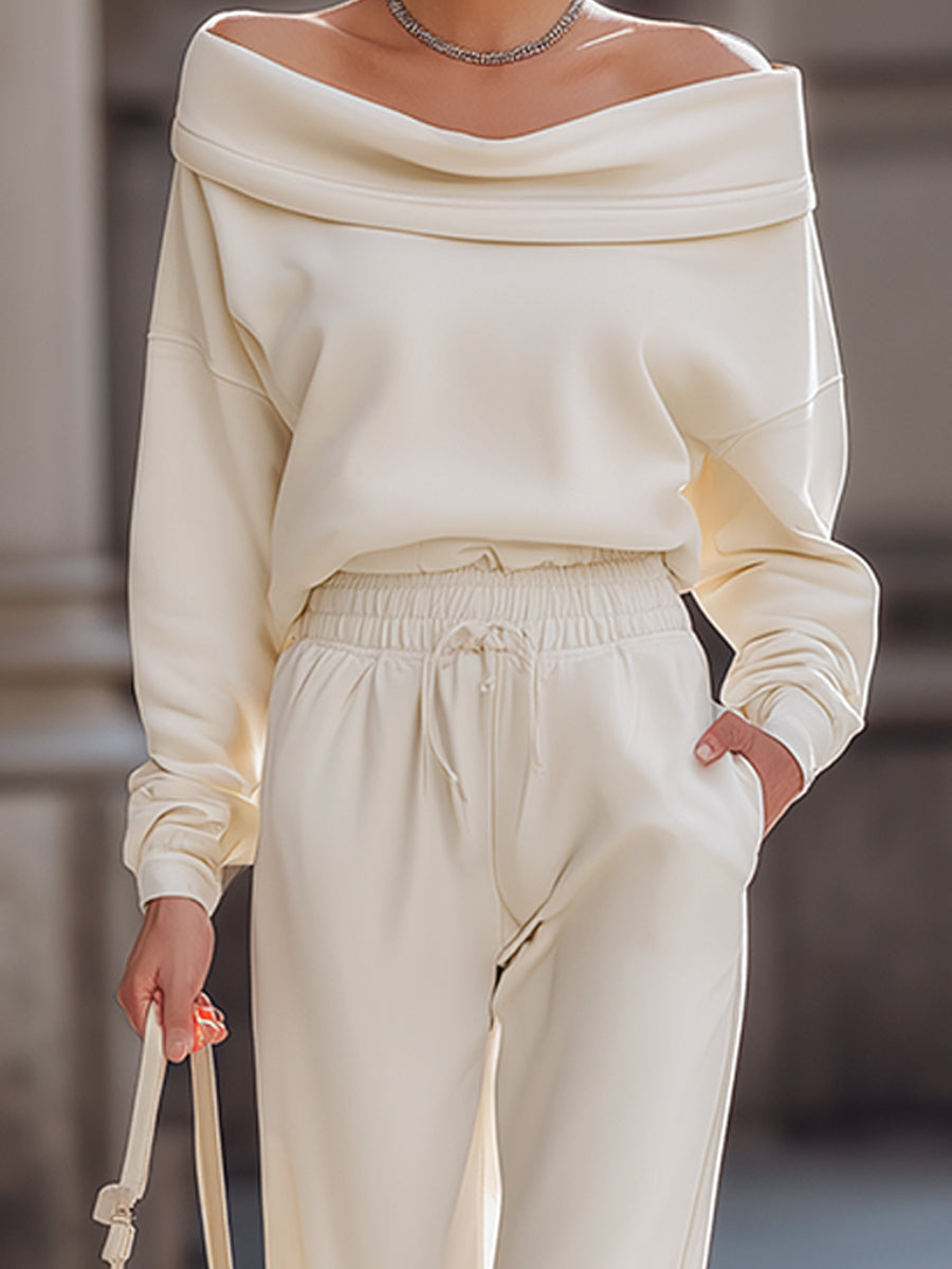 Ivory Off-Shoulder Knit Top & Relaxed Drawstring Pants Set