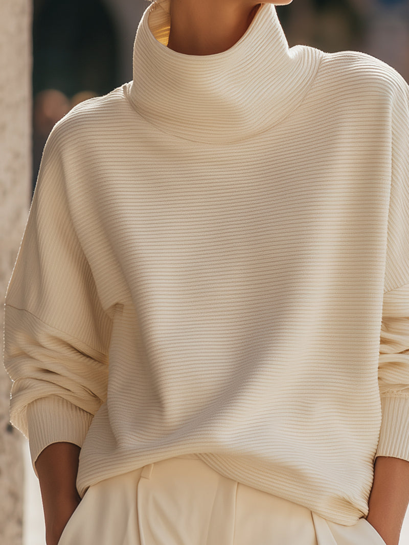 Cream Ribbed Turtleneck Sweatshirt