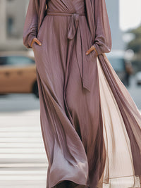 Pleated Wrap-Style Maxi Dress With Flowing Shawl Two-Piece Set