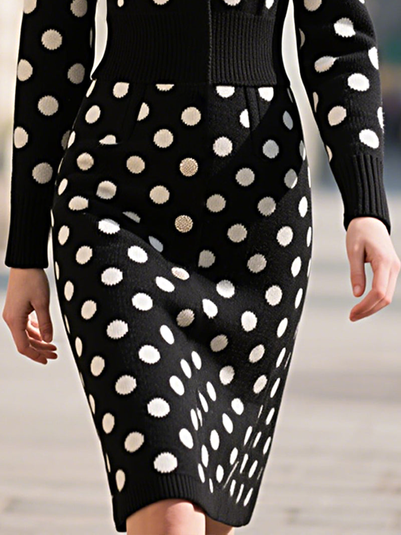 Black Polka Dot Knit Dress With Faux Fur Collar
