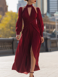 Bordeaux Pleated Cutout Maxi Dress