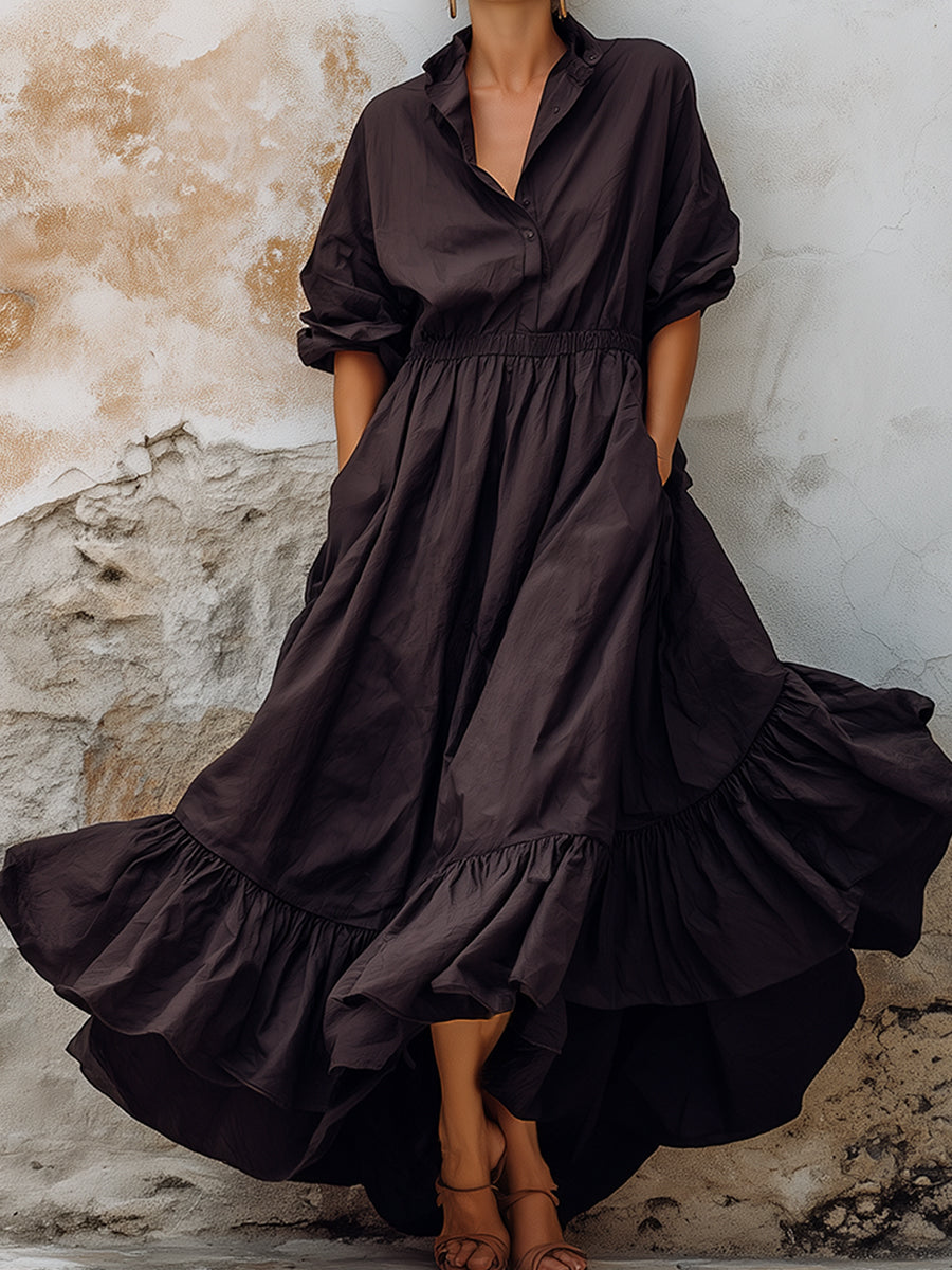 Relaxed Shirt Collar Ruffle Hem Maxi Dress