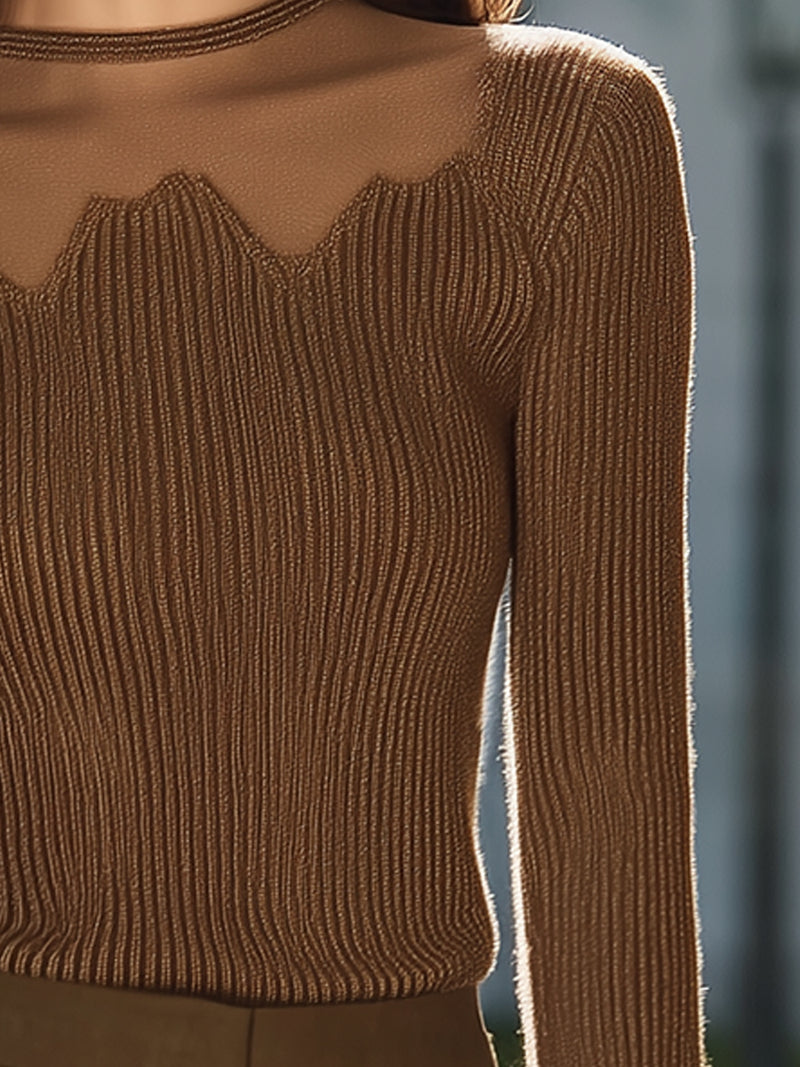 Sheer Panel Wave-Edge Knit Top