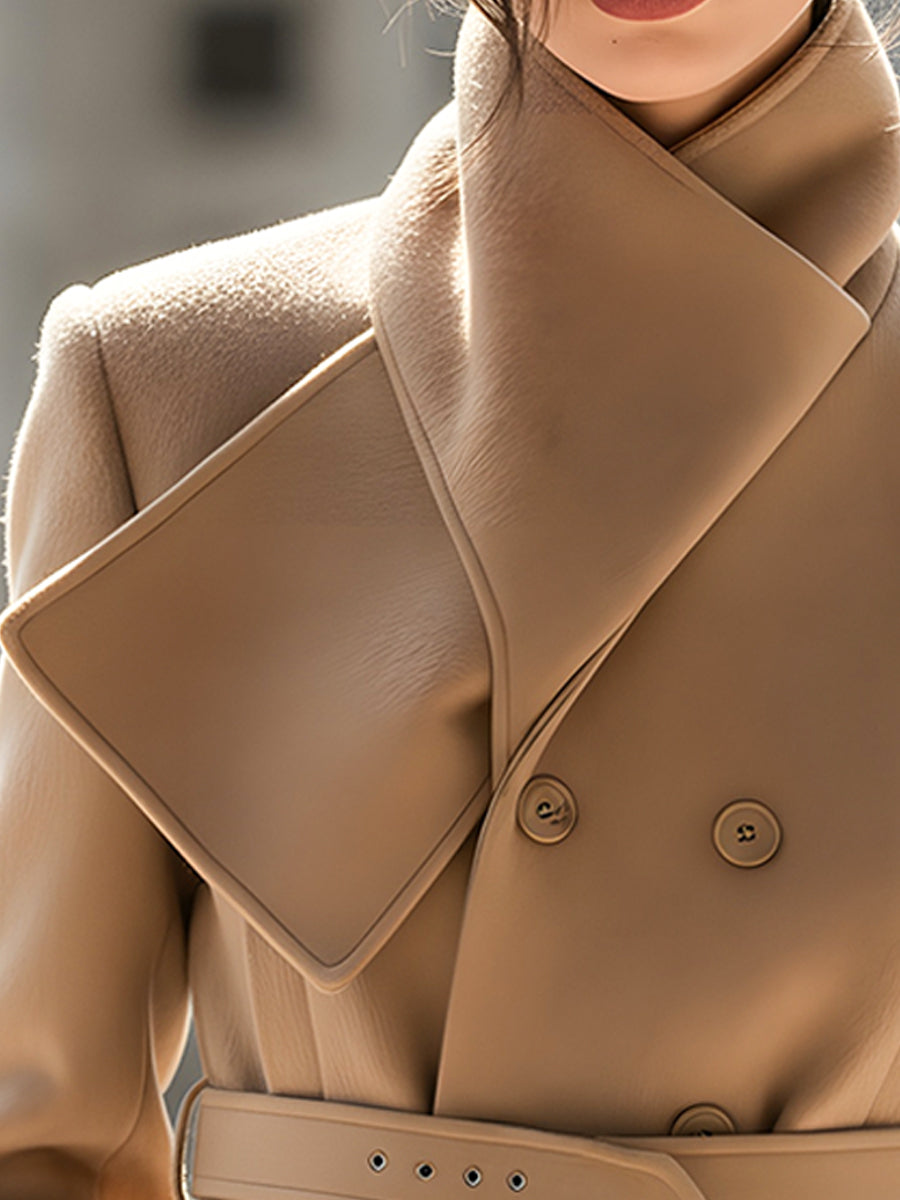 Structured Camel Wool Jacket With Asymmetric Collar And Belted Waist