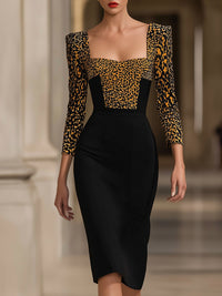 Leopard Panel Square-Neck Tailored Pencil Dress