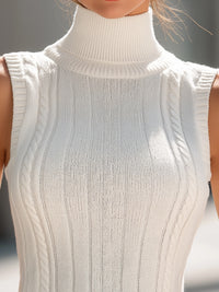 Classic White Ribbed Sleeveless Cable Knit Turtleneck Top