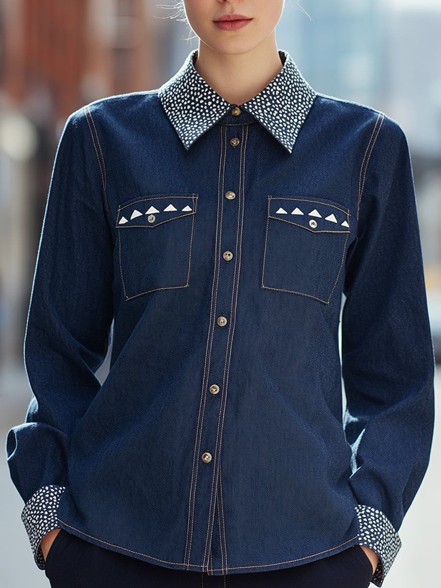 Color-blocked Rhinestone Collar Denim Shirt