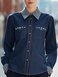 Color-blocked Rhinestone Collar Denim Shirt