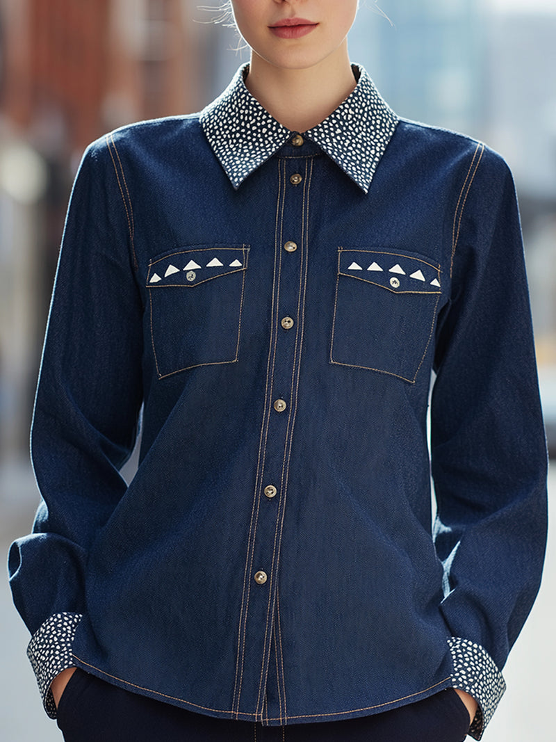 Color-blocked Rhinestone Collar Denim Shirt