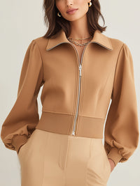 Camel Puff-Sleeve Zip-Up Jacket