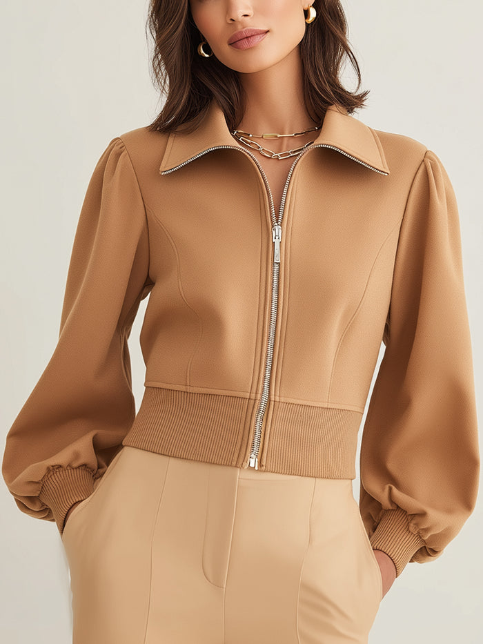 Camel Puff-Sleeve Zip-Up Jacket
