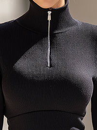 High-Neck Half-Zip Ribbed Top With Sculpted Waist