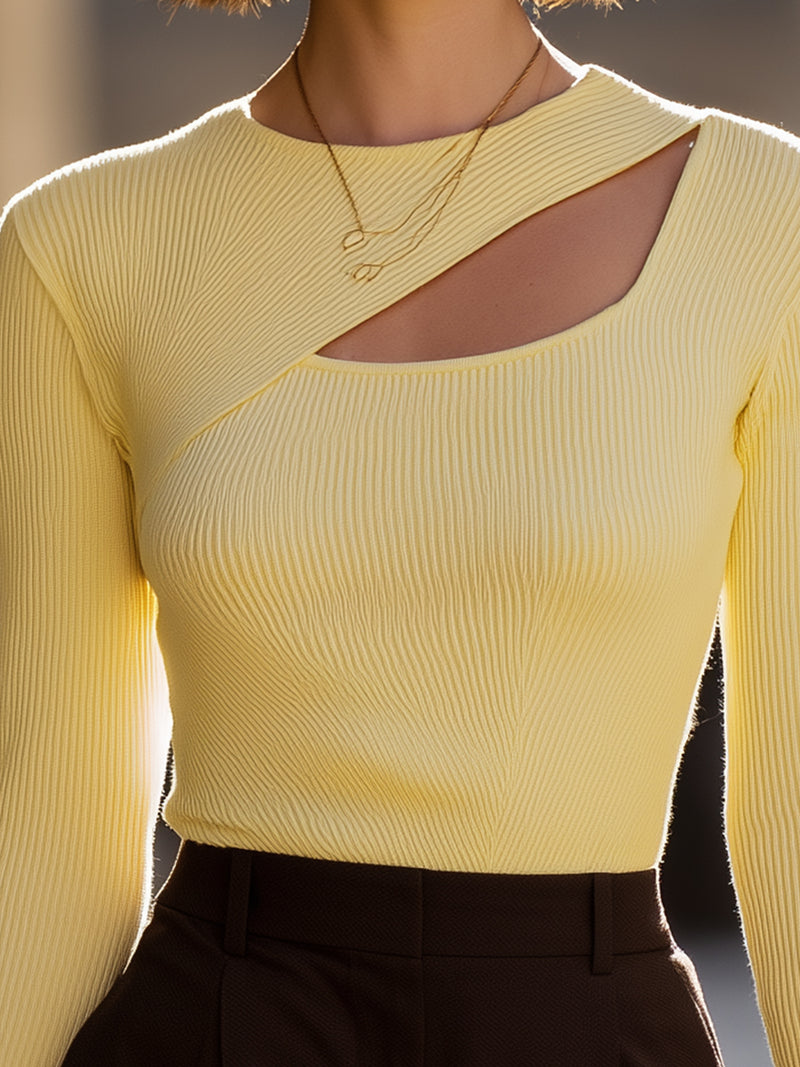 Lemon Yellow Asymmetric Ribbed Knit Top