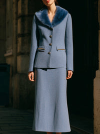 Wool Skirt Suit With Faux Fur Collar