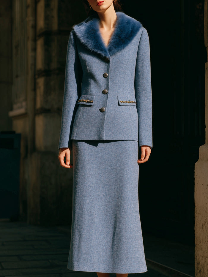 Wool Skirt Suit With Faux Fur Collar
