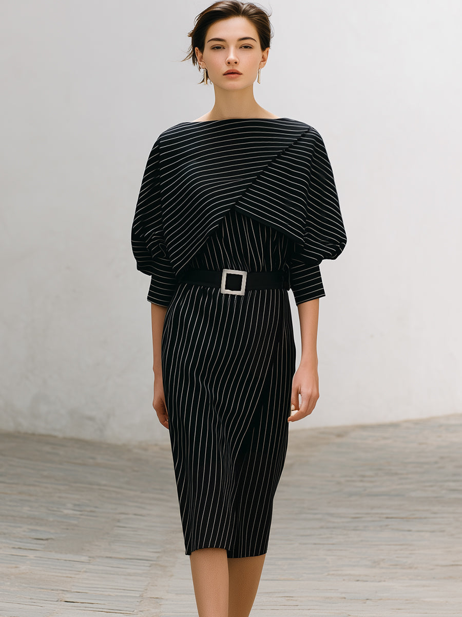 Asymmetrical Pinstripe Belted Midi Sheath Dress
