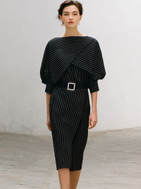 Asymmetrical Pinstripe Belted Midi Sheath Dress