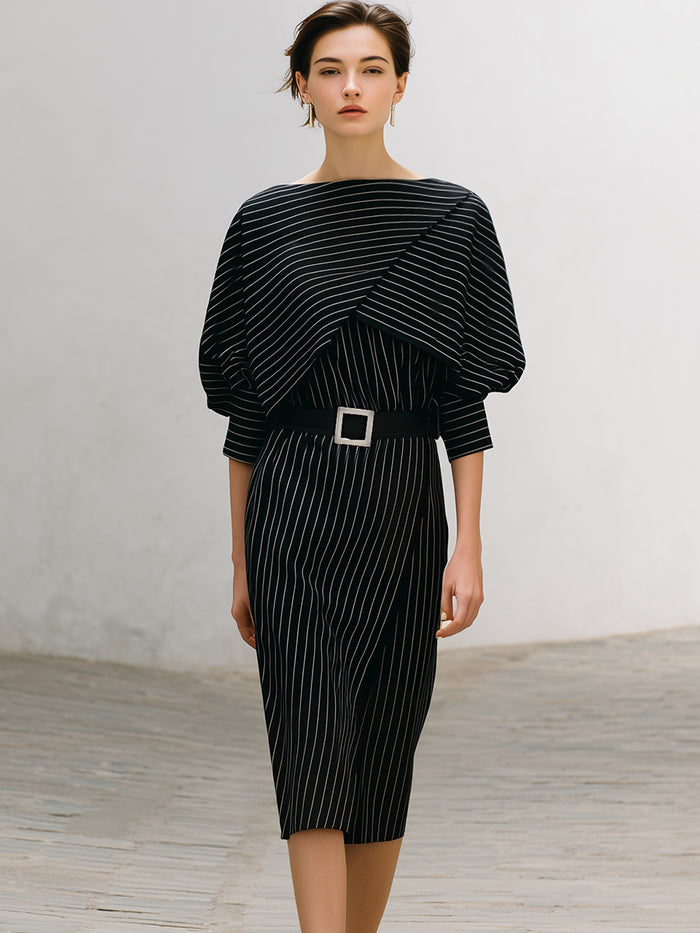 Asymmetrical Pinstripe Belted Midi Sheath Dress