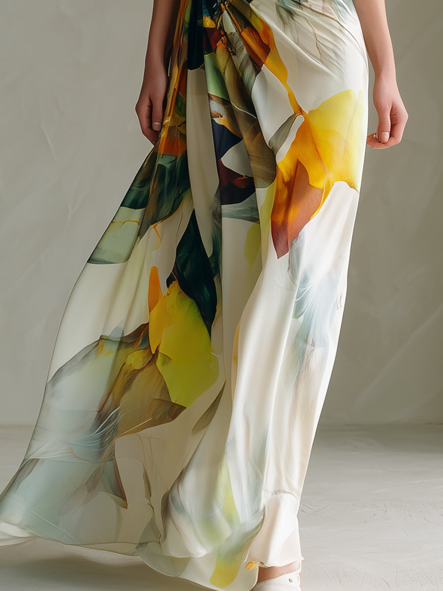 One-Shoulder Abstract Floral Draped Maxi Dress