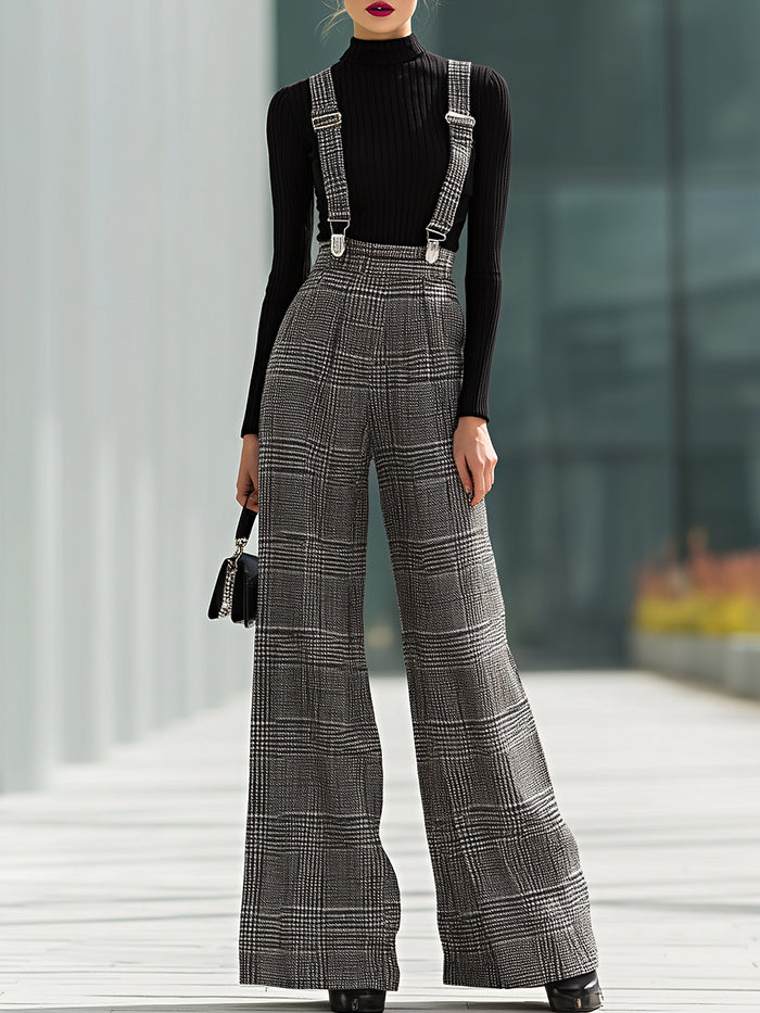 Glen Plaid Wide-Leg Suspender Trousers