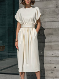Minimalist Cap-Sleeve Midi Dress With Defined Waist