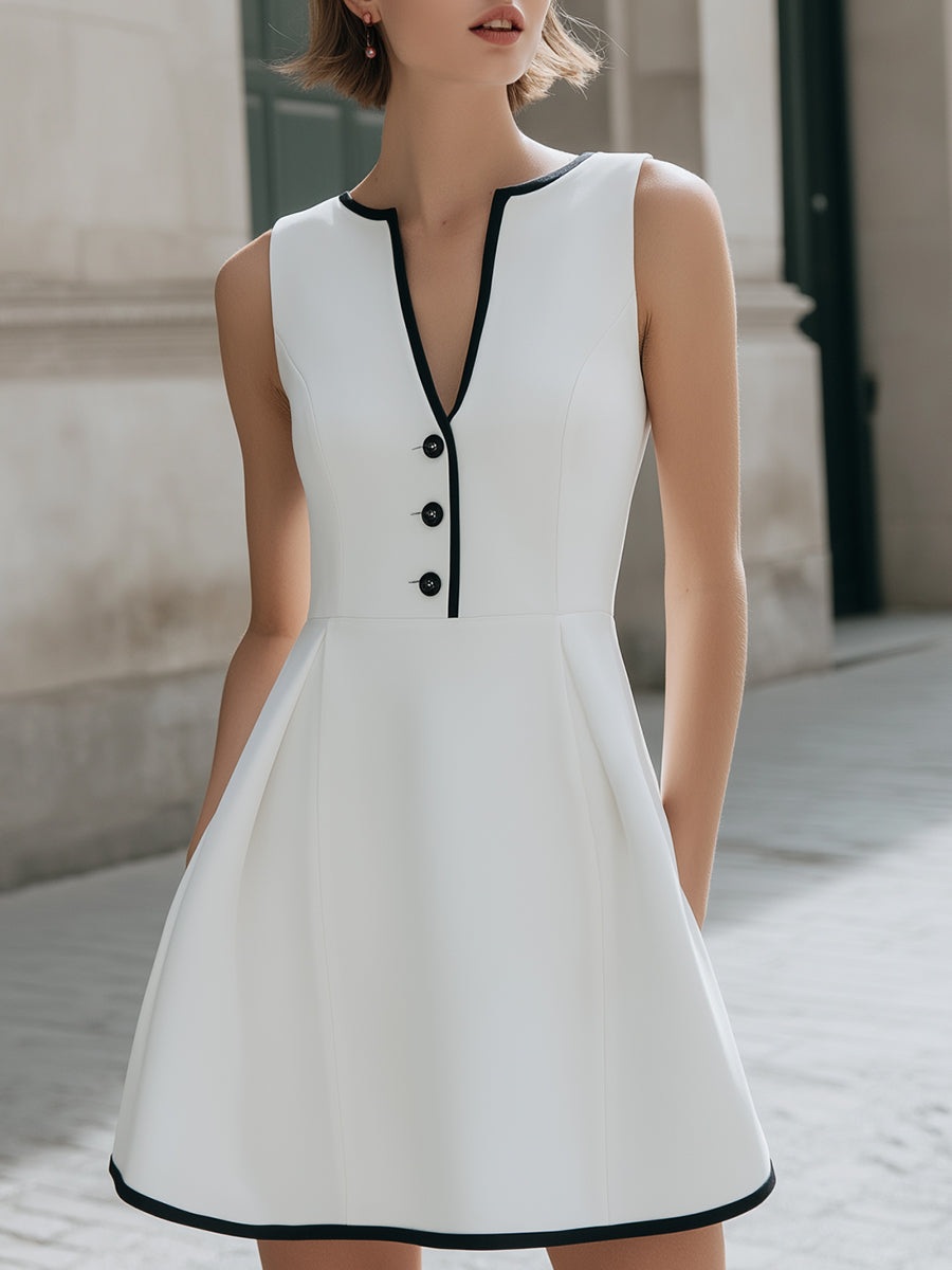 Sleeveless A-Line Dress With Black Contrast Trim