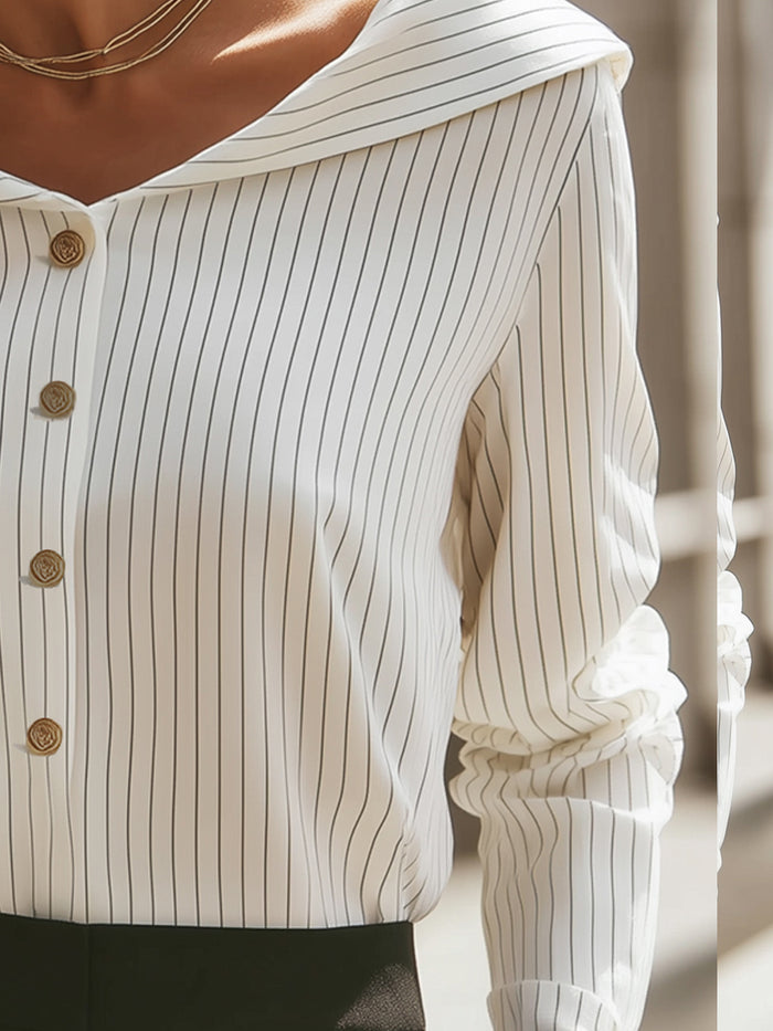 Pinstripe Off-Shoulder Button Blouse