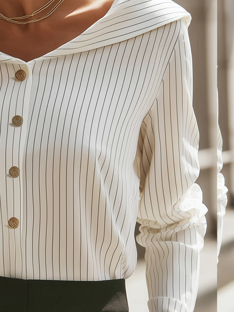 Pinstripe Off-Shoulder Button Blouse