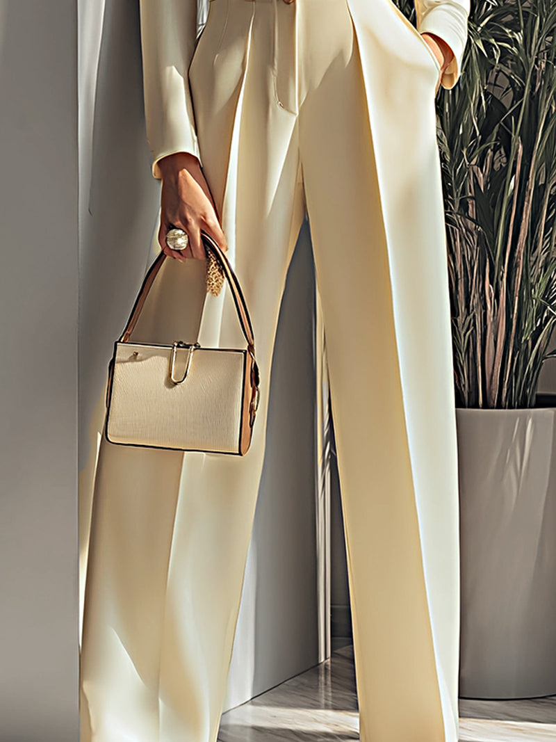 Cream Belted Satin Power Suit Set