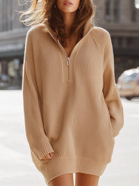 Camel Zip-Collar Sweater Dress