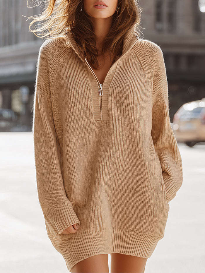 Camel Zip-Collar Sweater Dress