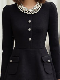 Elegant Pearl-Collar Long Sleeve Mini Dress