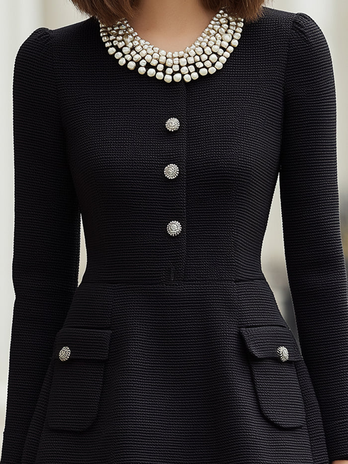 Elegant Pearl-Collar Long Sleeve Mini Dress