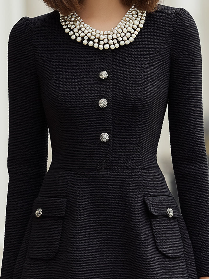Elegant Pearl-Collar Long Sleeve Mini Dress