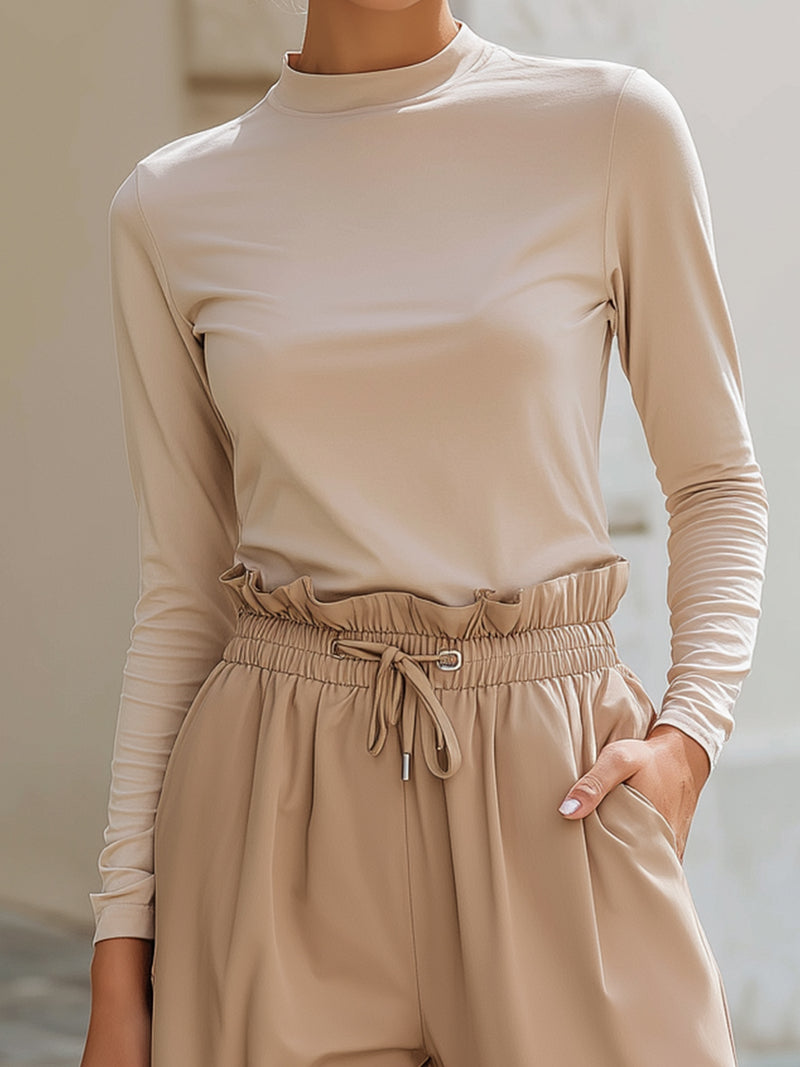 Beige Drawstring Pants And Long Sleeve Top Set