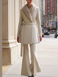 Elegant Belted Wool-Blend Coat With Faux Fur Collar And Flared Pants Set